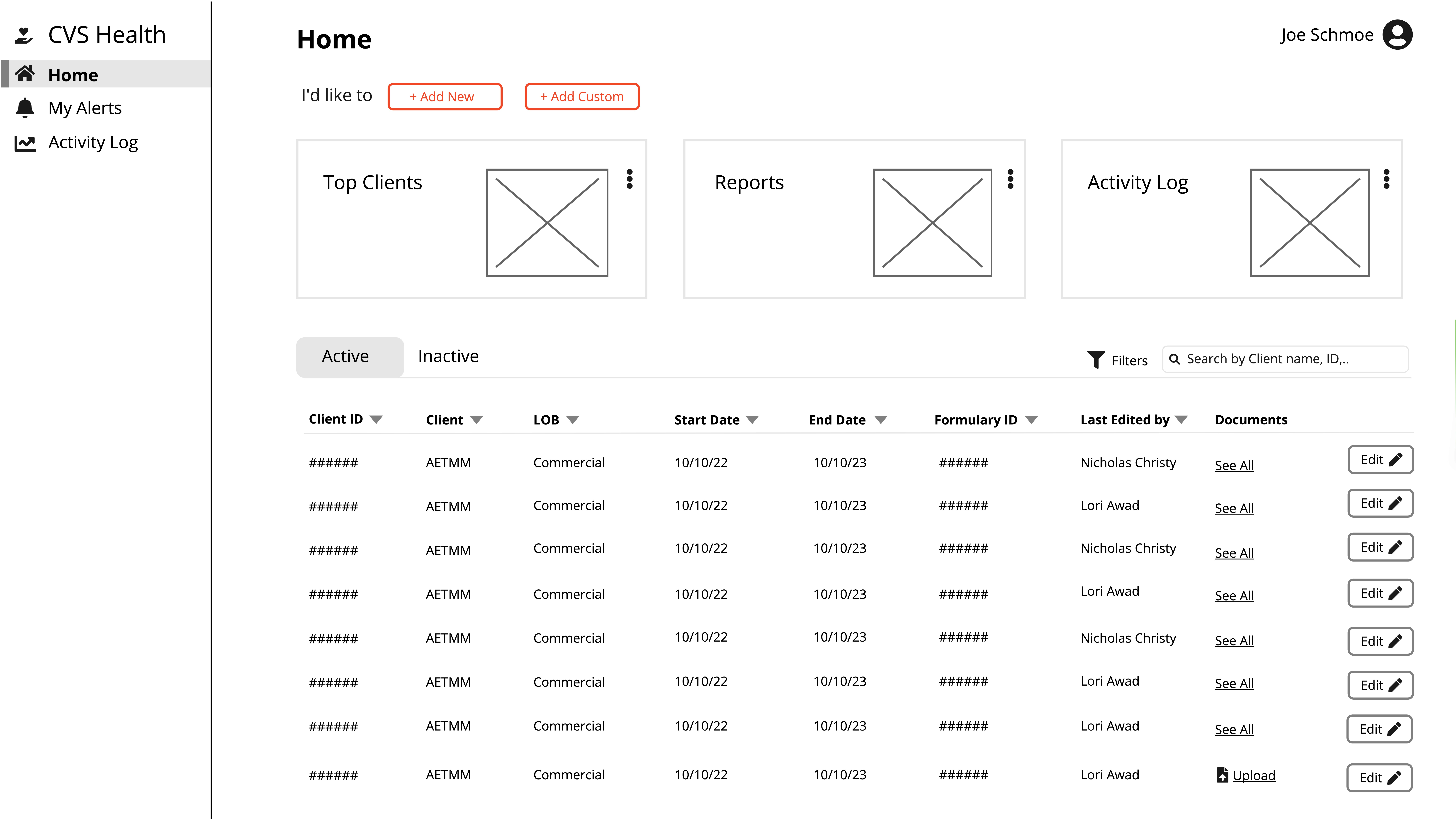 Low Fidelity Mockup of Dashboard