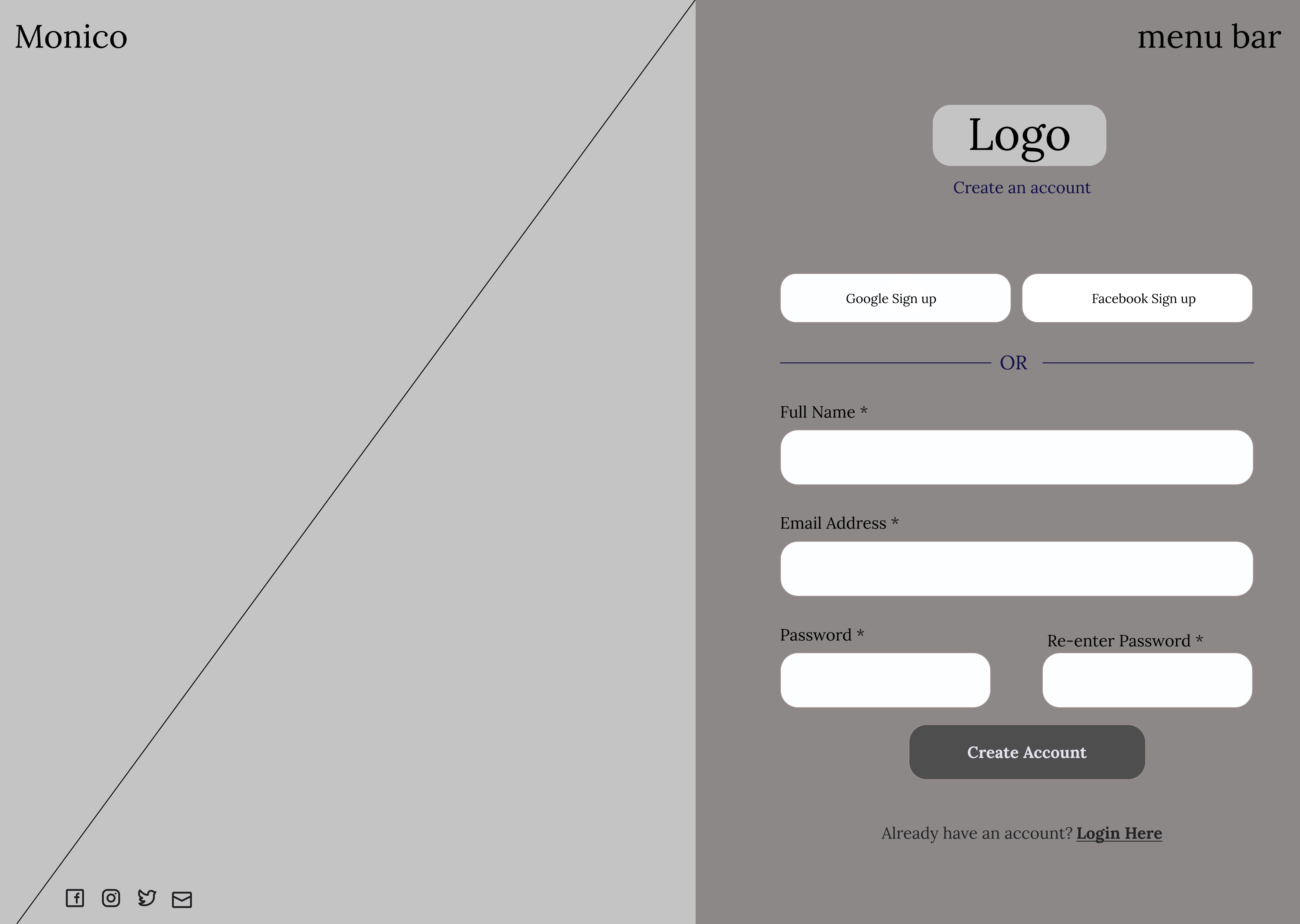 wireframe of Monico sign up page
