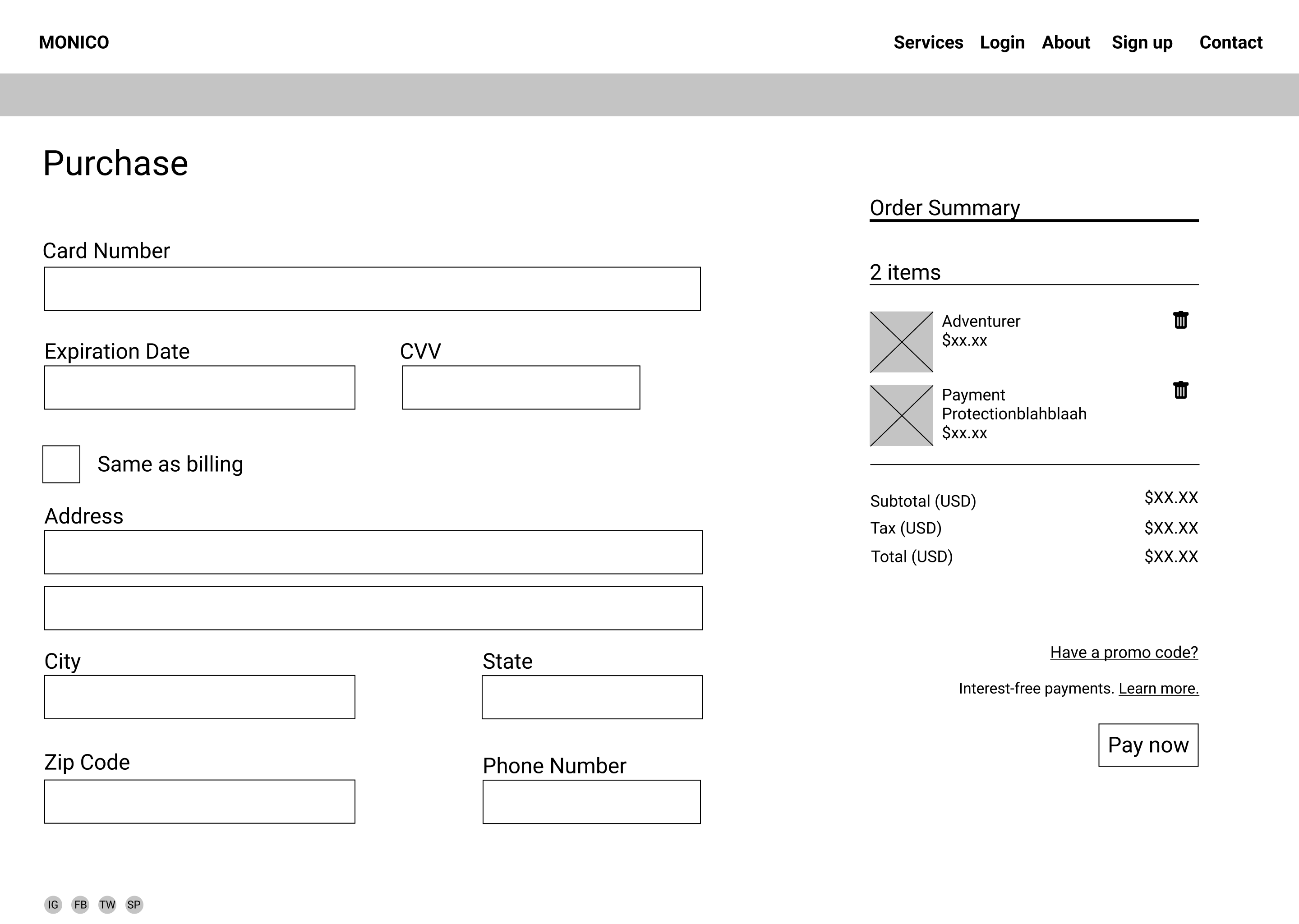 wireframe of payment page